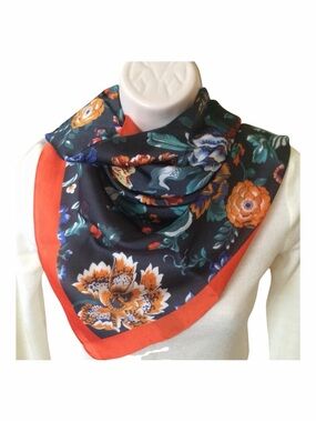 Floral Square Scarf in Black and Orange Trim